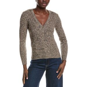 Minnie Rose Womens  Cashmere-Blend Rib Marled Henley Cardigan, Brown